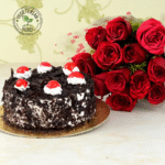 Bunch of 12 Red Roses with Half Kg Round Black Forest Cake