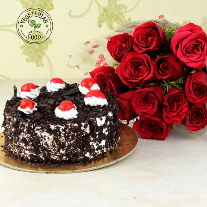 Bunch of 12 Red Roses with Half Kg Round Black Forest Cake - Image 1