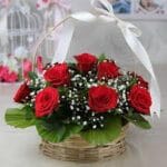 Round Handle Basket of Red Roses (10 stems)