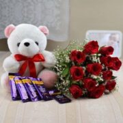 Bunch of 12 Red Roses with Teddy & 5 Dairy Milk Chocolates