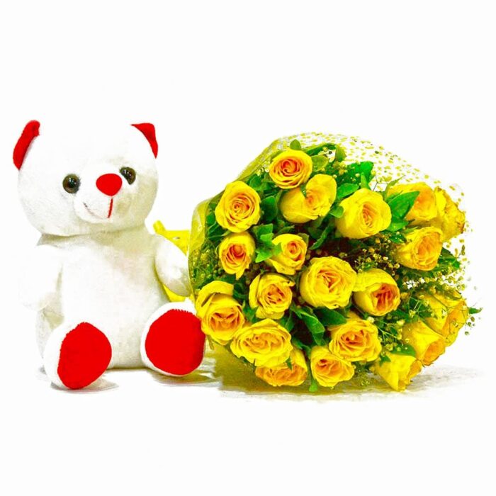 15 Yellow Roses in Round Basket with Teddy Bear - Image 1