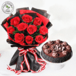 Bouquet of Red Roses & Chocolate Cake