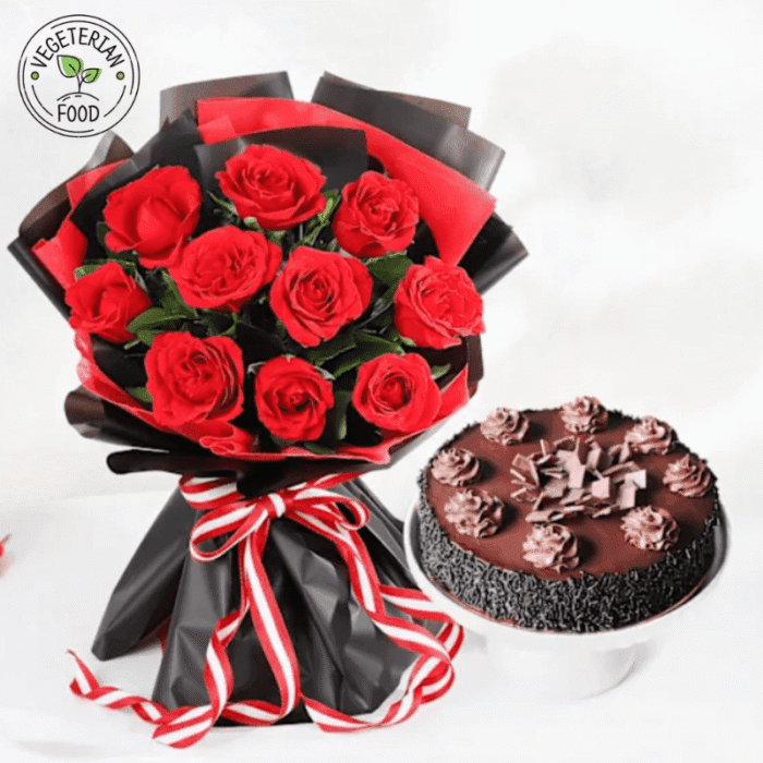 Bouquet of Red Roses & Chocolate Cake - Image 1