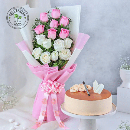 Pink & White Roses & Butterscotch Cake