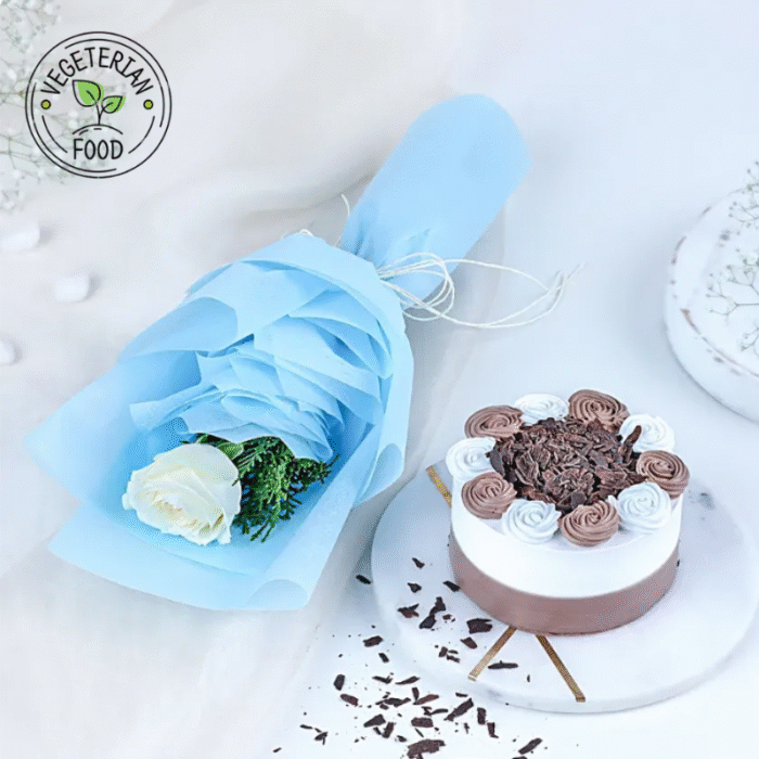 Serene Vibes White Rose & Cake - Image 1